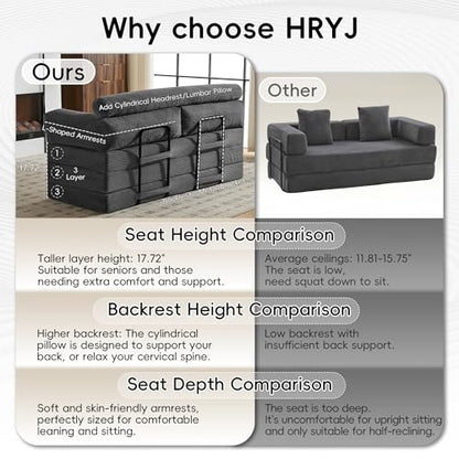 5-in-1 Convertible Sofa Bed, 78" Boneless Couch Tri Folding Mattress with Removable L-Shaped Armrests, Corduroy Futon Couch Sleeper with Pull Out Bed for Living Room Bedroom Apartment, Grey