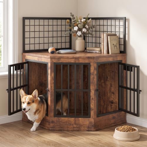 43" Wooden Corner Dog Crate Furniture, Indoor Decorative Dog Kennel, Rustic, view 2