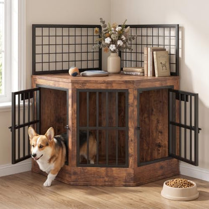 43" Wooden Corner Dog Crate Furniture, Indoor Decorative Dog Kennel, Rustic, view 2