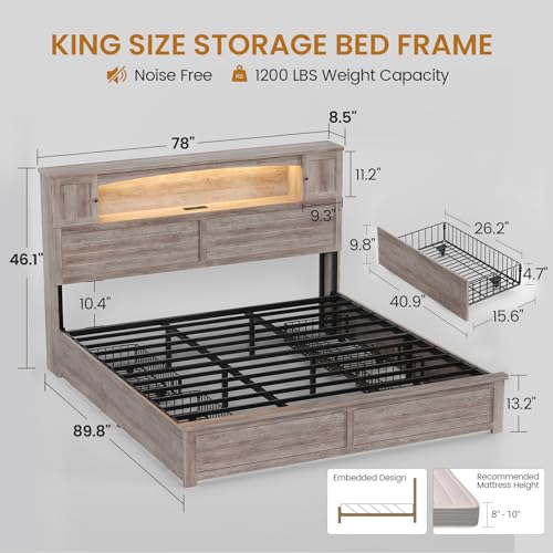 Farmhouse King Size Bed Frame with Bookcase and Storage Cabinets Headboard, view 3