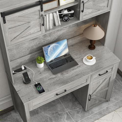 Farmhouse 47" Computer Desk with Hutch, Workstation, Grey, view 4