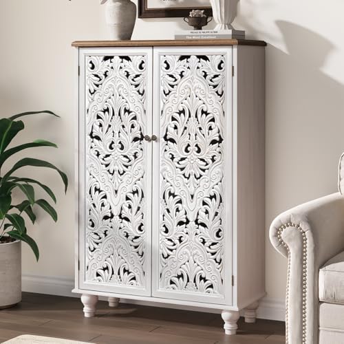47" Tall Accent Cabinet with Carved Doors & Storage for Living Room | Vertical Storage, Carved Floral Design, Mandala White Buffet, Boho/Farmhouse/Rustic Style, Adjustable Shelves, Easy Assembly