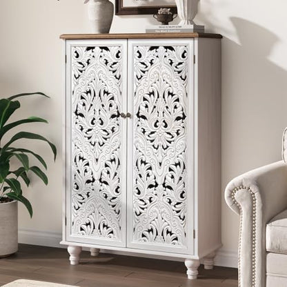 47" Tall Accent Cabinet with Carved Doors & Storage for Living Room | Vertical Storage, Carved Floral Design, Mandala White Buffet, Boho/Farmhouse/Rustic Style, Adjustable Shelves, Easy Assembly
