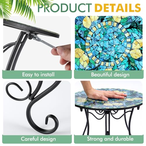 14 Inch Lemon Small Outdoor Patio Side Table Lemon Round Mosaic Side Table Accent Indoor End Plant Metal Coffee Tea Furniture for Yard Porch Garden Living Room Bedroom