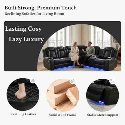 Power Reclining Sectional Sofa, Black Leather Recliner Corner Couch, Air Leather Sectional Living Room Funiture Set LED Lights/USB Port/Cup Holder for Living Room/Apartment/Office