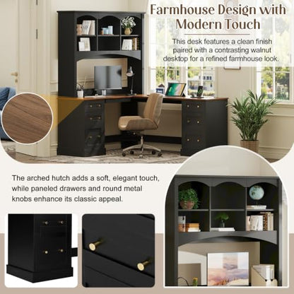 68.9" L Farmhouse L-Shaped Computer Desk Corner Desk with Hutch, view 5