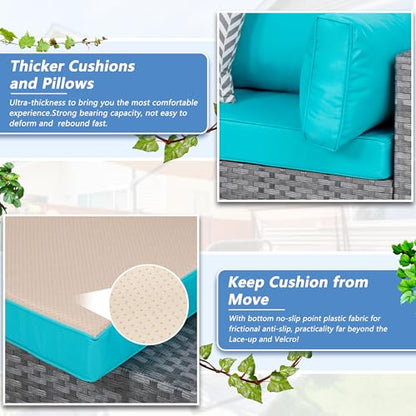 7 Pieces Outdoor Patio Furniture Sets, Patio Sectional Sofa Couch, Silver Gray PE Wicker Furniture Modular Patio Conversation Sets Patio Sofa with Washable Cushions & Coffee Table (Blue)