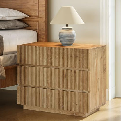 Oversized Solid Wood Nightstand with 3 Drawers, Farmhouse Bedside Table | Solid Wood; 3 Large Drawers; 31.5" Wide; Curved Profile Design