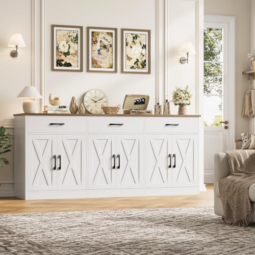 71" Large Sideboard Buffet Cabinet with Storage, Farmhouse Coffee Bar Cabinet with 3 Drawers, Long Kitchen Buffet Table, Kitchen Sideboard Storage Cabinet for Dining Room, Living Room, White