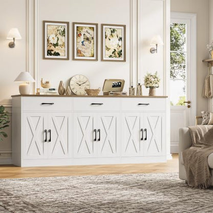71" Large Sideboard Buffet Cabinet with Storage, Farmhouse Coffee Bar Cabinet with 3 Drawers, Long Kitchen Buffet Table, Kitchen Sideboard Storage Cabinet for Dining Room, Living Room, White