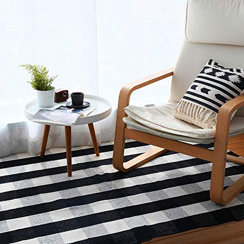 Cotton Rug Hand-Woven Checkered Carpet Braided Kitchen Mat Black and White Floor Rugs Living Room Area Rug, 70.8''×47.3''
