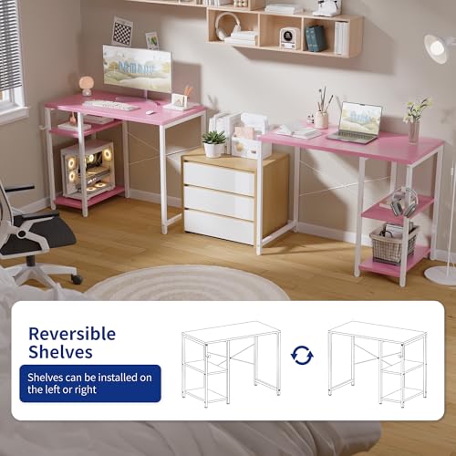32 Inch Small Computer Desk with Shelves, Home Office Desk with Headphone Hook for Bedroom, Study Writing PC Table for Small Spaces, Pink