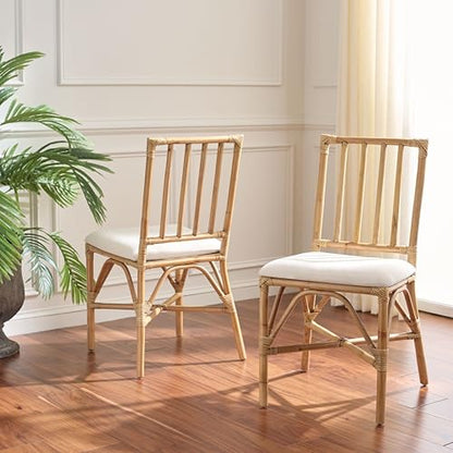 SAFAVIEH Furniture - Amal Set of 2 Dining Chairs - White & Honey Brown Wash - Upholstered Rattan Seating - Fully Assembled - Ideal for Dining Room, Kitchen, 17.7" Seat Height (ACH6535B-SET2)