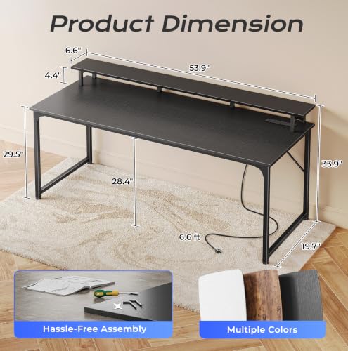 55 inch Gaming Desk, LED & Power Outlets, Monitor Stand, Black, view 4
