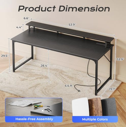 55 inch Gaming Desk, LED & Power Outlets, Monitor Stand, Black, view 4