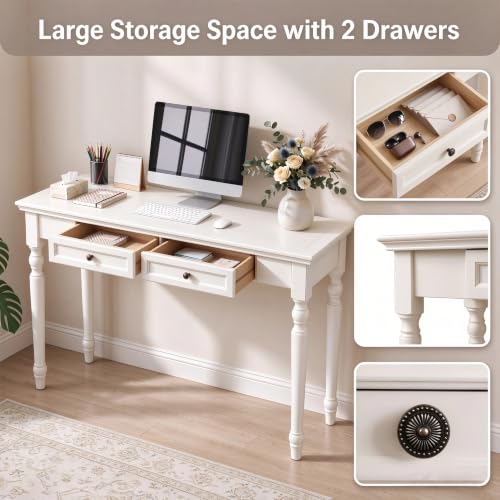 47" Narrow Solid Wood Writing Desk with 2 Drawers,White, view 5