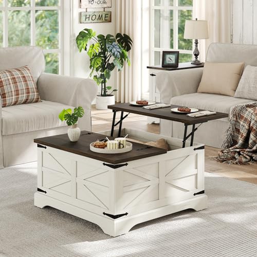 Farmhouse Lift Top Coffee Table, Square Wood Center Table with Large Hidden Storage Compartment for Living Room, Rustic Cocktail White Modern Table with Hinged Lift Top, Brown Top
