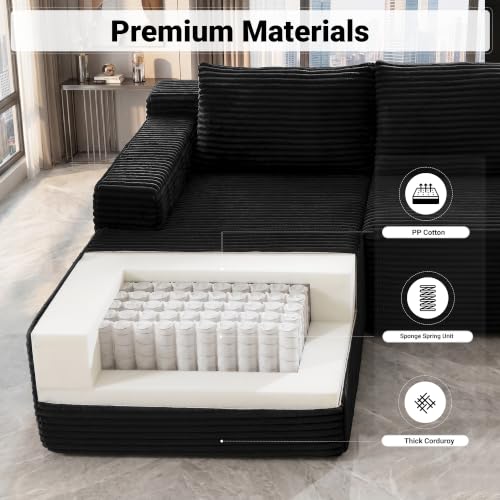 97" Cloud Couch Sectional, L Shaped Boneless Couch Sectional Couches for Living Room, Modern Comfy Corduroy Fluffy Modular Sofa with Deep Seat, No Assembly (Black, Left Facing Chaise)