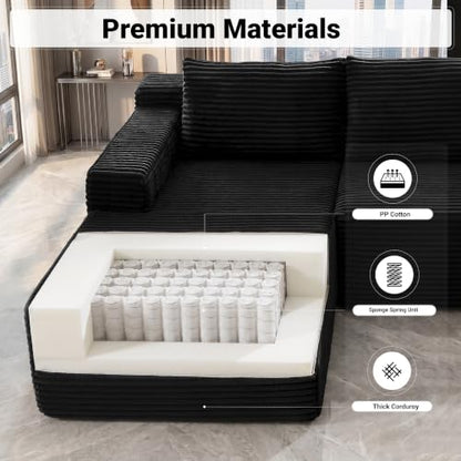 97" Cloud Couch Sectional, L Shaped Boneless Couch Sectional Couches for Living Room, Modern Comfy Corduroy Fluffy Modular Sofa with Deep Seat, No Assembly (Black, Left Facing Chaise)