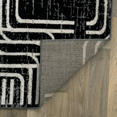 Black and White Geometric Area Rug – Abstract Curved Line and Square Pattern Carpet for Living Room, Bedroom, or Office – Contemporary Soft Floor Décor 2' 3" x 8' Runner Black