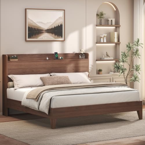 King Size Bed Frame with Storage Headboard & Charging Station, Walnut, view 4