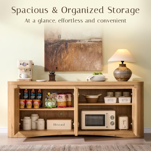 Modern Curved 70" Buffet Cabinet with 4 Storage Doors, Natural, view 4