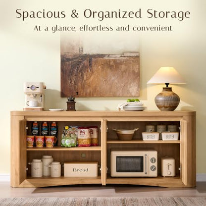 Modern Curved 70" Buffet Cabinet with 4 Storage Doors, Natural, view 4