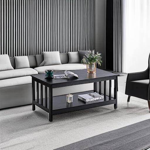 Mission Coffee Table, Black Wood Living Room Table with Shelf, 40 Black