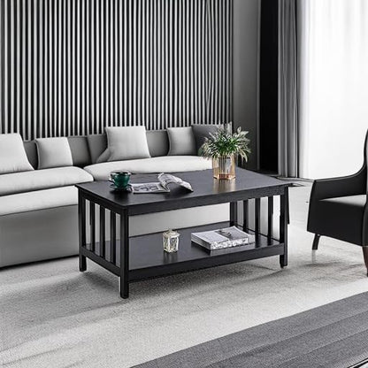 Mission Coffee Table, Black Wood Living Room Table with Shelf, 40 Black