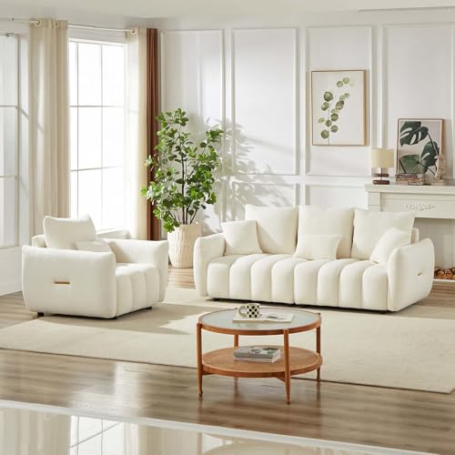 Teddy Sofa Set for Living Room, Modern Deep Seat Sofa Chair and Oversized 3-Seater Cloud Boucle Couch for Bedroom, Office, Apartment, Furniture Set, Beige (2 Piece)