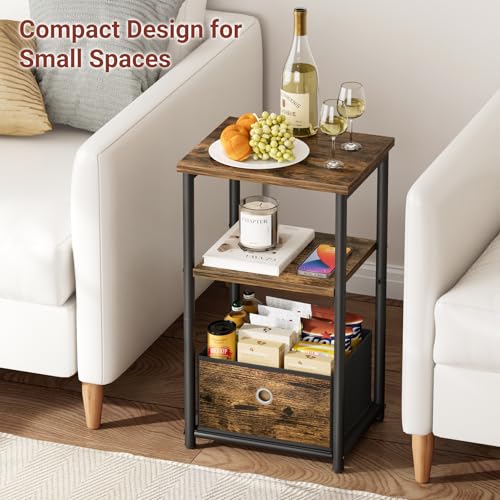 3 Tier Small Side Table with Storage Basket, Living Room End Tables for Small Space, Bedside Nightstand for Bedroom, Sofa Couch, Rustic Brown and Classic Black
