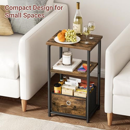 3 Tier Small Side Table with Storage Basket, Living Room End Tables for Small Space, Bedside Nightstand for Bedroom, Sofa Couch, Rustic Brown and Classic Black