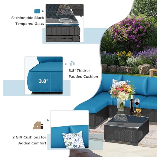 7 Piece Outdoor Patio Furniture Set, PE Rattan Outdoor Wicker Sectional Furniture Chair Set with Cushions and Tea Table, Black Rattan and Peacock Blue Cushion