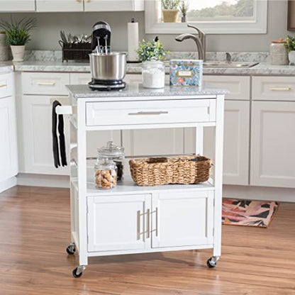 Kyler White Granite Topped Kitchen Cart with Lockable Casters and Hidden Storage Spaces