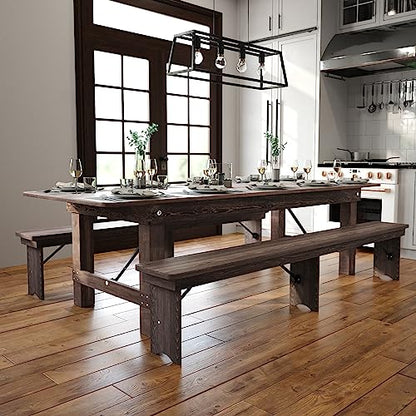 Hercules Commercial Grade Farmhouse Dining Table | Solid Pine Foldable Table for 10 in Antique Rustic Mahogany | Rustic Charm for Home and Events