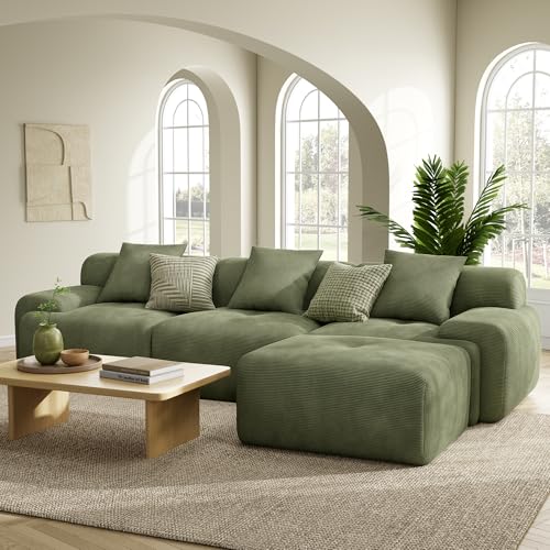 LumiCord Modular Sectional Sofa with Ottoman, 118" L-Shaped Boneless Couch for Living Room, Oversized Deep Seat with Corduroy Upholstery, No Assembly Required, Olive Green