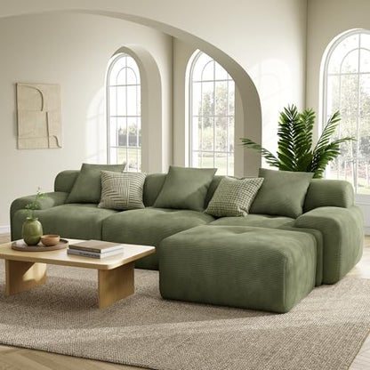 LumiCord Modular Sectional Sofa with Ottoman, 118" L-Shaped Boneless Couch for Living Room, Oversized Deep Seat with Corduroy Upholstery, No Assembly Required, Olive Green