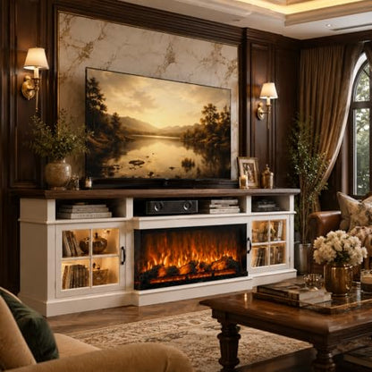 70" Fireplace TV Stand, Farmhouse TV Stand for TVs up to 80” with LED Lights, view 8