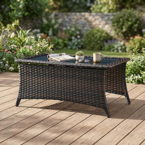 Outdoor Coffee Table with Tempered Glass Top, Patio Rectangular Brown Wicker, view 2