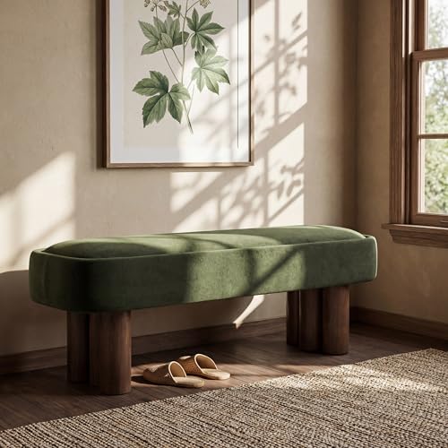 60.04" Green Upholstered Dining Bench with Walnut-Finished Rubberwood Legs – Fabric Seating Bench for Kitchen, Dining Room, Living Space, Supports 250 lbs