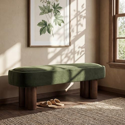60.04" Green Upholstered Dining Bench with Walnut-Finished Rubberwood Legs – Fabric Seating Bench for Kitchen, Dining Room, Living Space, Supports 250 lbs