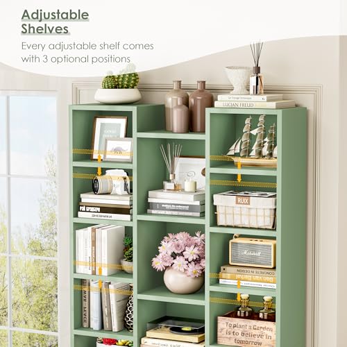 71'' Tall Bookshelf with 21 Cubes, 8 Tier Triple Wide Bookshelf with 8 Adjustable Shelves, 35" Large Bookcase DVD/CD Media Tower Storage, Freestanding Display Shelf Cabinet, Green