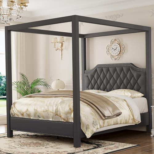Full Size Canopy Bed Frame with Nailhead Decoration Headboard, view 5