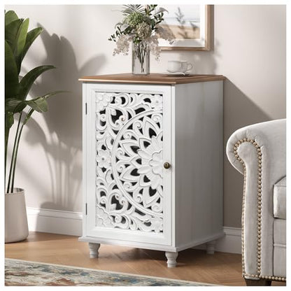 Boho Small Buffet Cabinet with Hand-Carved Mandala Door, 17" Coffee Bar Station with Adjustable Shelf, Distressed White Accent Storage Cabinet for Small Spaces, Kitchen, Dining Room