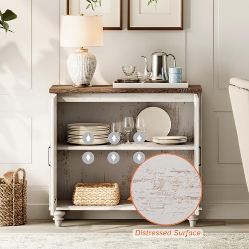 Farmhouse TV Stand for 100 Inch TV, 3-in-1 TV Console Table for 75/80/85/90 Inch TV, Entertainment Center with Glass & Wood Door, Kitchen Sideboard Buffet Cabinet for Living Room, Rustic White