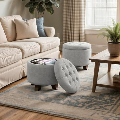 Round Ottoman, Ottoman with Storage, 20 Dia. x 17 H Inches Foot Rest Stool with Legs for Bedroom, Living Room, Decorative Home Furniture, Light Gray