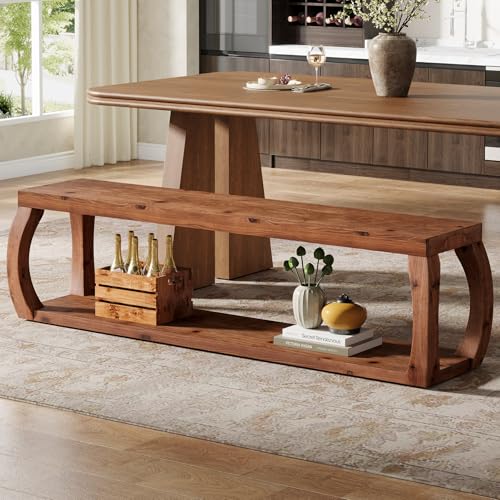59" Long Solid Wood Dining Bench with 2-Tier Design | Farmhouse Entryway Bench with Open Shelves for Kitchen, Entry, Living Room, Bedroom, Hallway, Rustic Brown