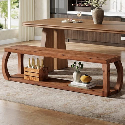 59" Long Solid Wood Dining Bench with 2-Tier Design | Farmhouse Entryway Bench with Open Shelves for Kitchen, Entry, Living Room, Bedroom, Hallway, Rustic Brown