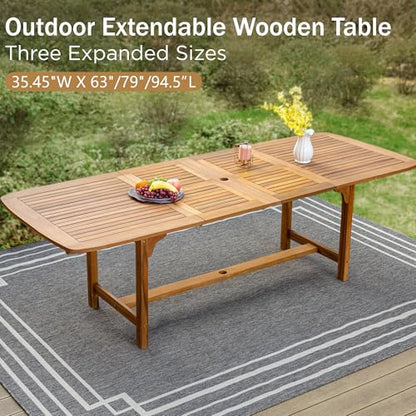 7pc Outdoor Dining Set, Expandable Wood Table w/Umbrella Hole | Acacia wood teak patio furniture set for 6. Perfect for patio, deck, porch, backyard. Chairs with cushions.