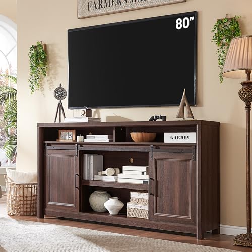 Farmhouse TV Stand for Living Room, Entertainment Center with Storage, Walnut TV Console for Bedroom, Media Storage Cabinet with Sliding Barn Doors & Adjustable Shelves, Fits 80 Inch TV, Rustic Wood